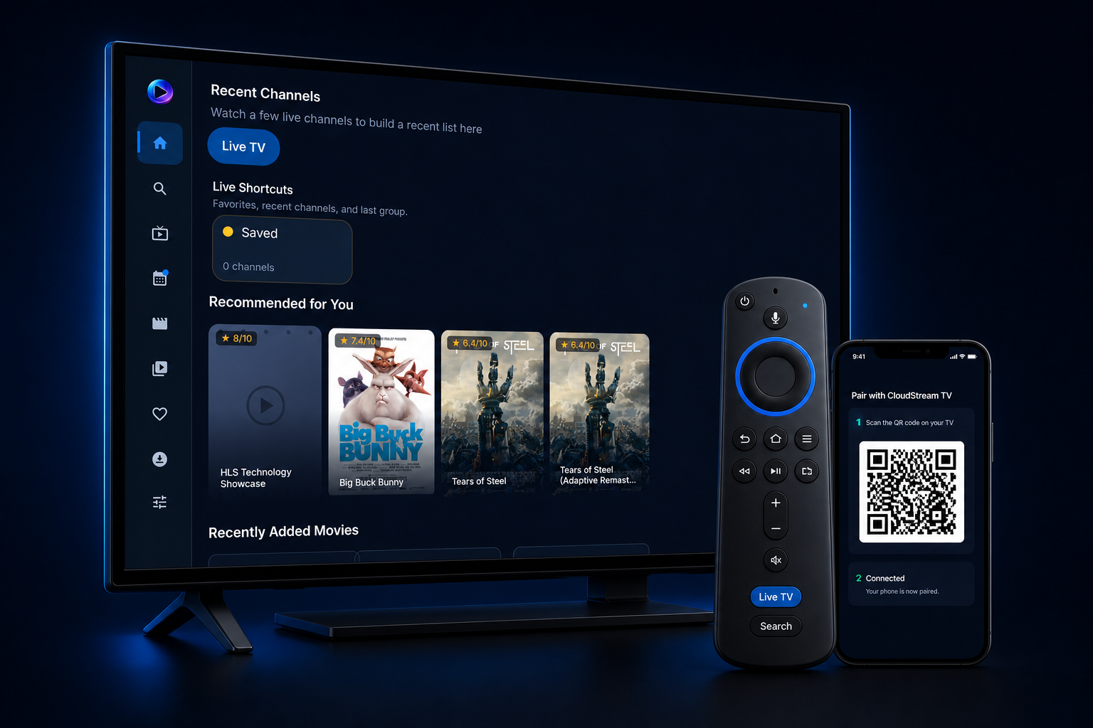 CloudStream TV interface for browsing movies, series, and live television