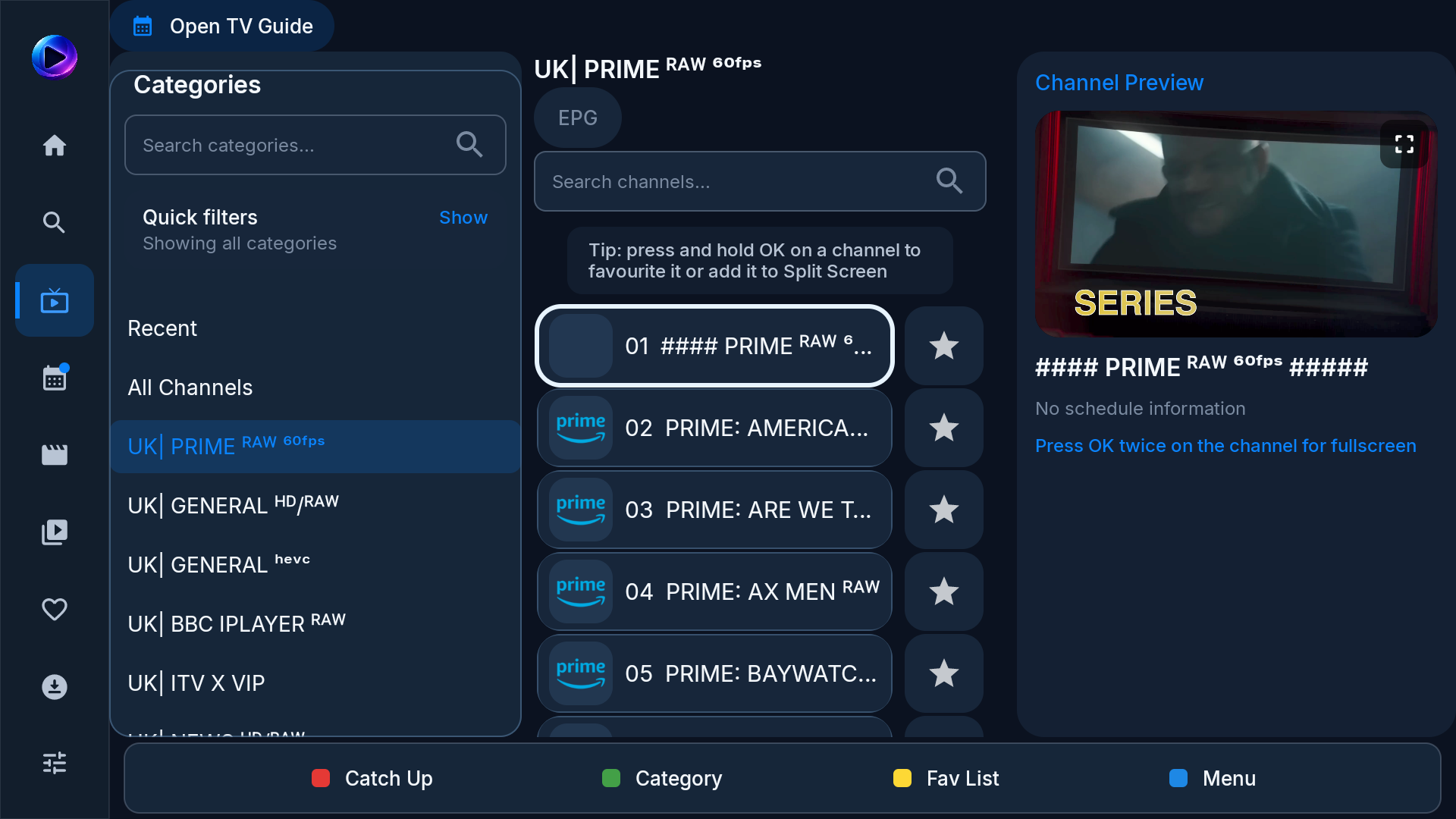 CloudStream TV Live TV screen with categories, channels, and a playing preview
