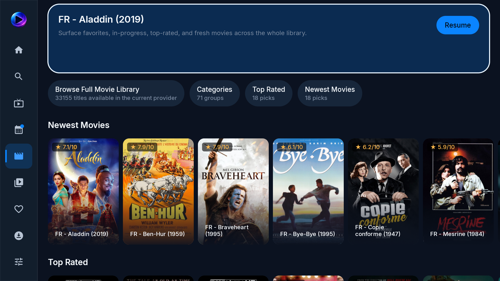 CloudStream TV Movies screen with new releases and top-rated films