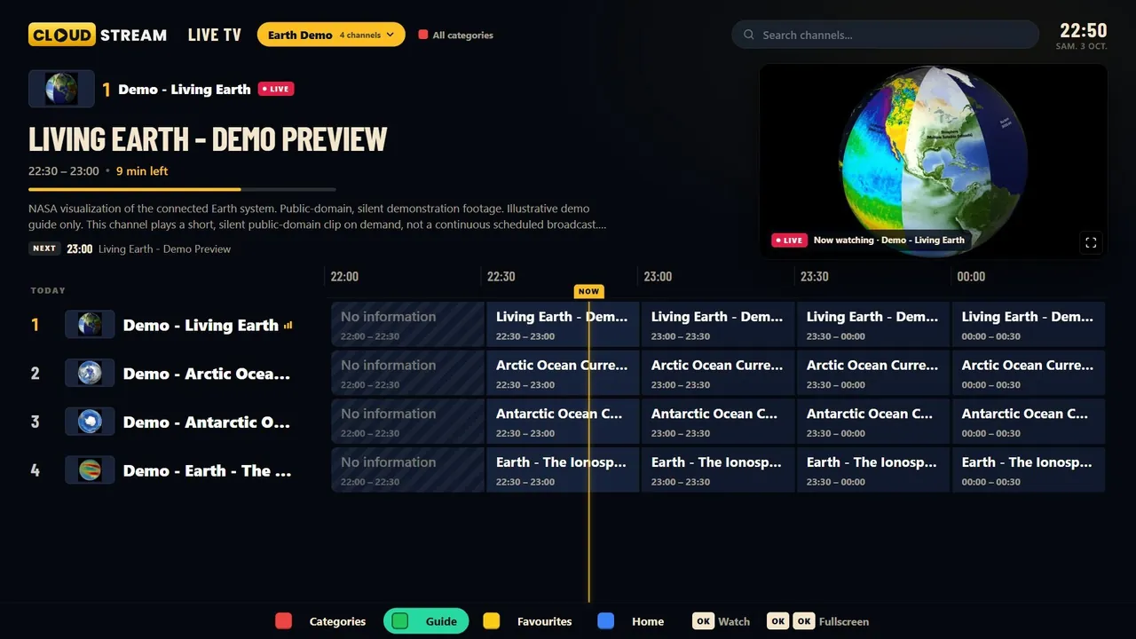 CloudStream Live TV and EPG guide on Samsung Smart TV
